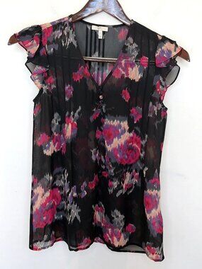 Joie 100% Silk Flutter Sleeve Floral Blouse Sz XS Black Pink Whimsigoth Fairy